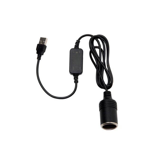 A black USB adapter cable with a USB-A connector on one end and a cylindrical power plug on the other