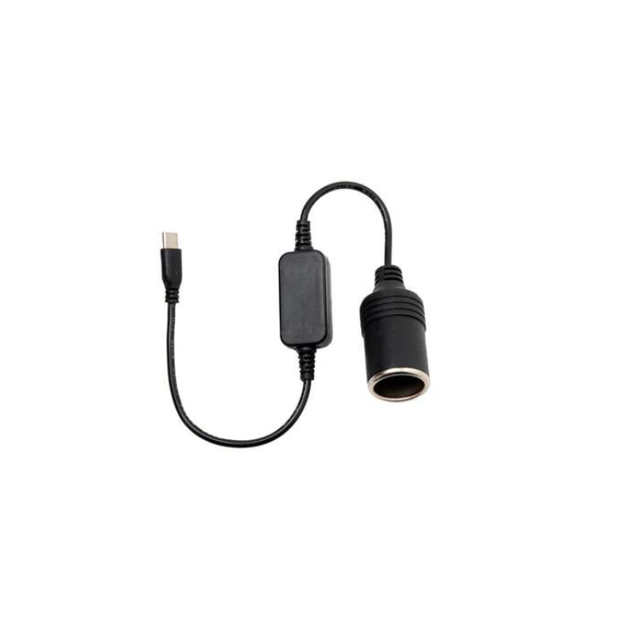 A black USB-C to power adapter cable with a USB-C connector on one end and a cylindrical power plug on the other