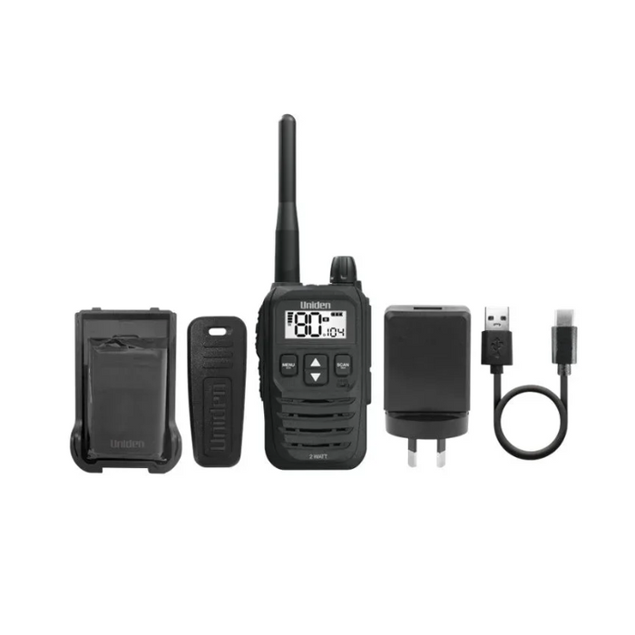 uniden uh825 single handheld radio complete set