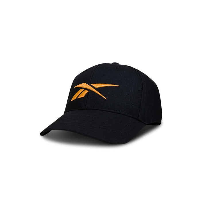 The Reebok Vector Baseball Cap is black with a yellow logo on the front, shown against a plain white background.