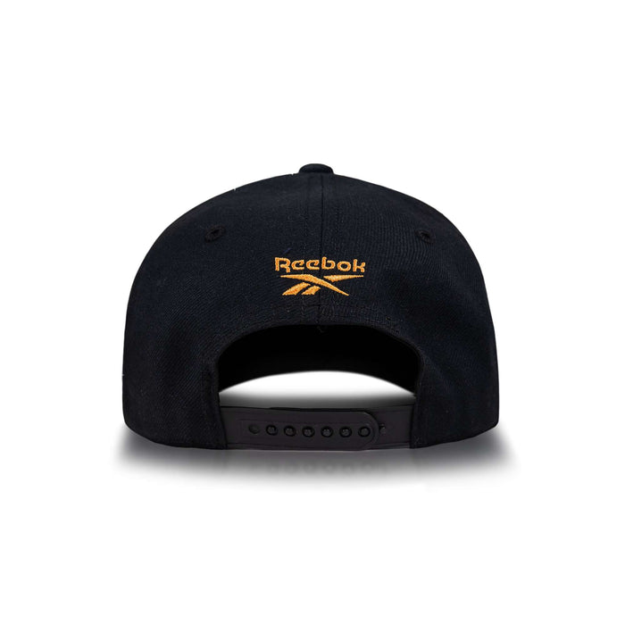 Reebok Vector Baseball Cap in black shown from the back, with an adjustable snap closure and yellow Reebok logo embroidery above the opening.