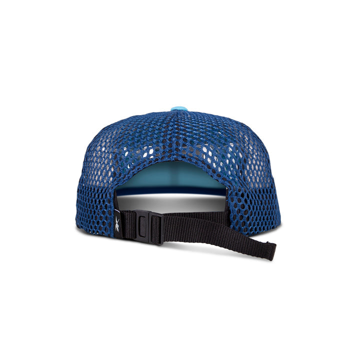 The Reebok Vented Flat Brim Running Cap in blue is shown from the back, featuring a breathable mesh design and an adjustable black strap with a plastic buckle closure.