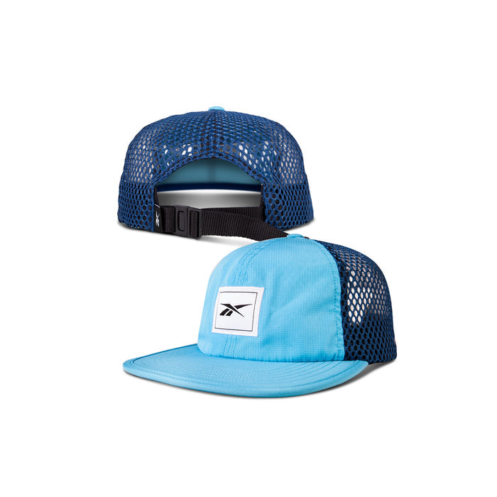 The Reebok Vented Flat Brim Running Cap features a blue front, black mesh sides and back, a flat brim, and a white patch with the black Reebok logo. Shown from front and back to highlight its sporty design.