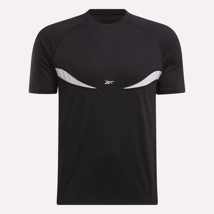 The Reebok Warm-Up Basketball T-Shirt is a black short-sleeve tee with a white curved chest stripe and central logo—ideal for your next training session.