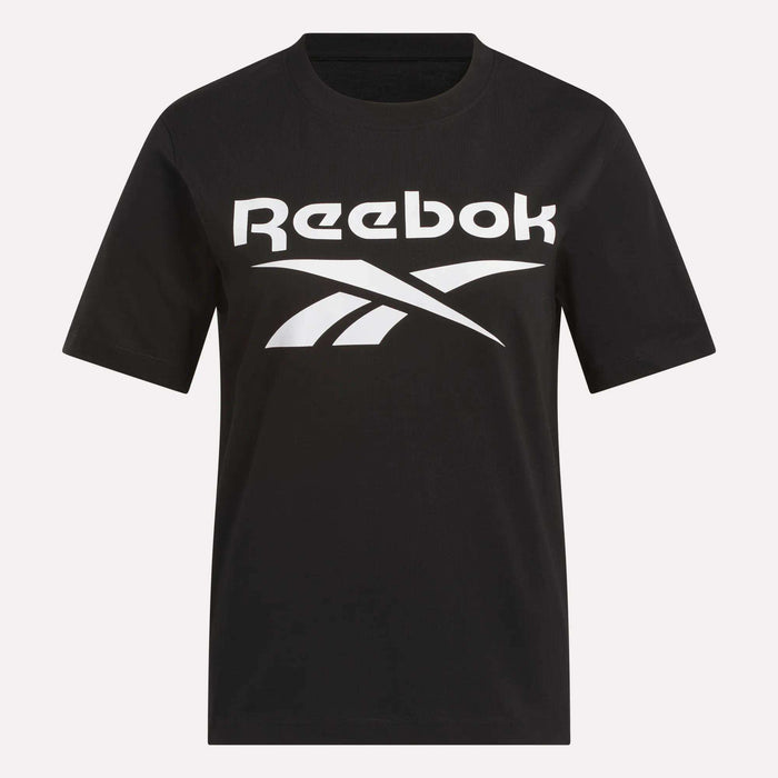 The Reebok Women's Big Logo Crewneck Short Sleeve Tee is a black cotton jersey featuring a bold white Vector logo and text on the chest.