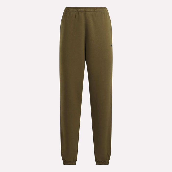 Reebok Women’s Cinched Joggers in olive green, featuring an elastic waistband and cuffs, are displayed against a plain white background. These soft joggers have a clean, versatile look with no visible patterns or logos on the front.