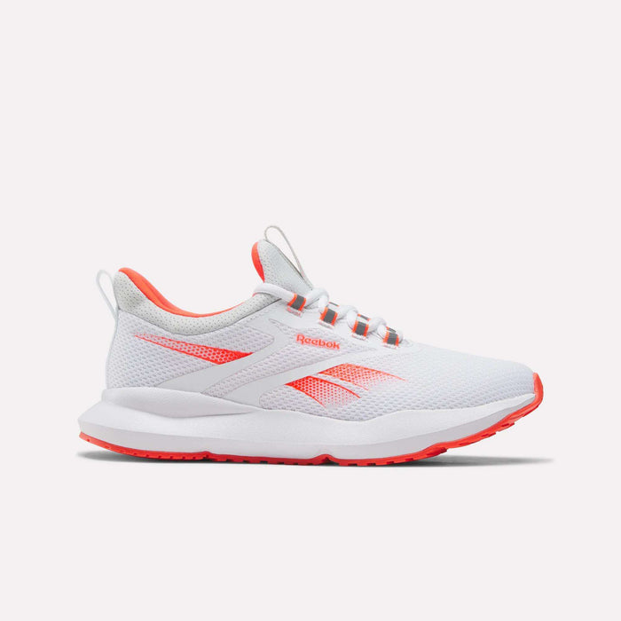 The Reebok Women's Cityride 2 Running Shoes feature a white mesh upper with grey and red accents, FuelFoam cushioning for comfort, and are shown in a side view against a plain white background.