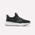 The Reebok Women's Cityride 2 Running Shoes in Black/White/Grey feature a mesh upper, FuelFoam cushioning, gray detailing, and a white sole. The shoe is pictured in side profile on a plain white background.