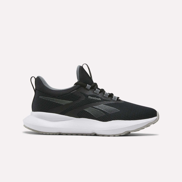 The Reebok Women's Cityride 2 Running Shoes in Black/White/Grey feature a mesh upper, FuelFoam cushioning, gray detailing, and a white sole. The shoe is pictured in side profile on a plain white background.