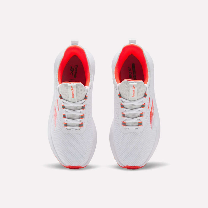 A top view of the Reebok Women's Cityride 2 Running Shoes in white with red accents, mesh uppers, white laces, logo on tongue and side, and FuelFoam cushioning for extra comfort.