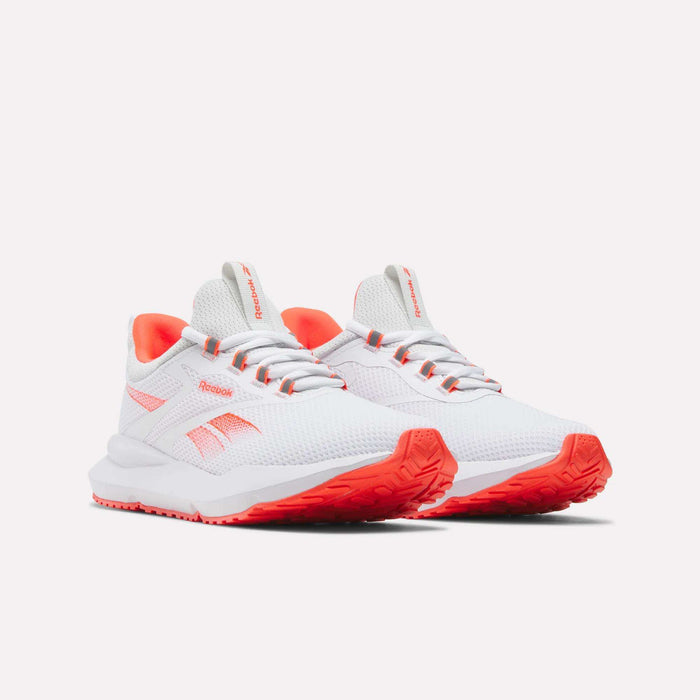 The Reebok Women's Cityride 2 Running Shoes feature white mesh uppers with coral orange accents and soles, laces, side Reebok logo, and FuelFoam cushioning, shown against a plain light background.