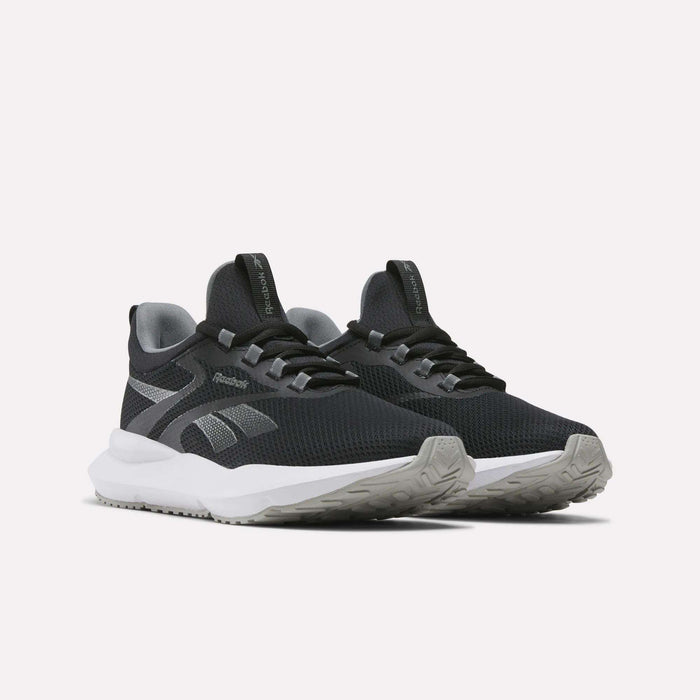A pair of Reebok Women's Cityride 2 Running Shoes in black with gray accents, FuelFoam cushioning, and white soles is displayed on a light background.