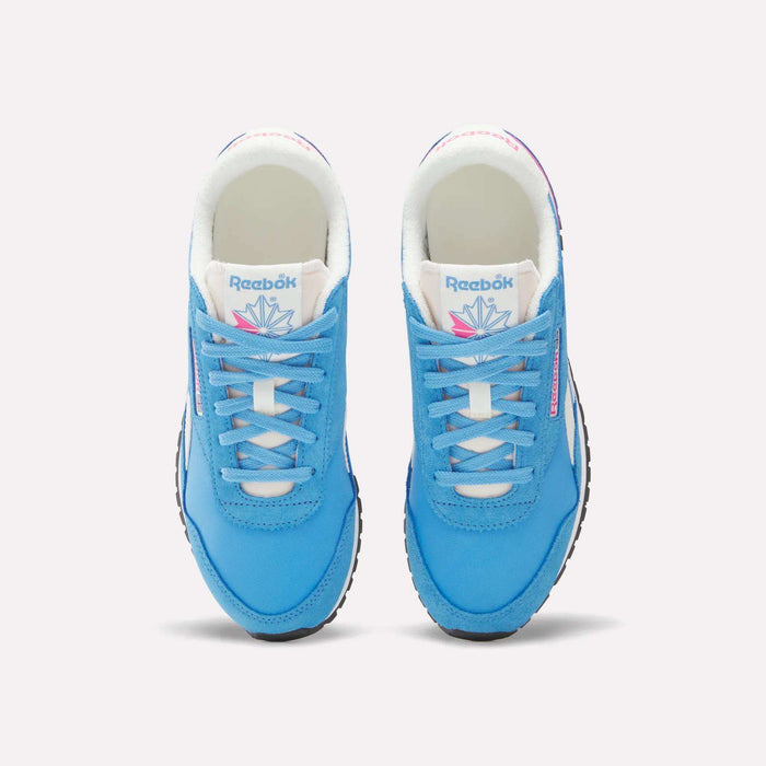 A pair of Women's Classic AZ Shoes by Reebok in bright blue with white soles, laces, and tongue featuring the Reebok logo and a colorful geometric design, shown from above on a plain background.
