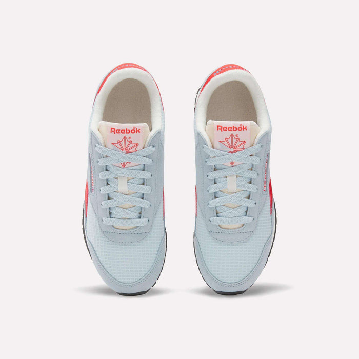 A pair of Women's Classic AZ Shoes by Reebok seen from above, with light blue uppers, white laces, beige interiors, and bright pink Reebok logos—retro running-inspired style with fresh pops of color.