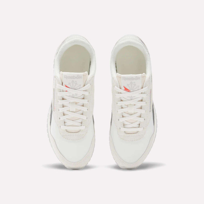 A pair of Reebok Women's Classic AZ Shoes is shown from above, featuring white laces, light grey suede accents, and Reebok logos on the tongues. The running shoes are placed side by side on a white background.