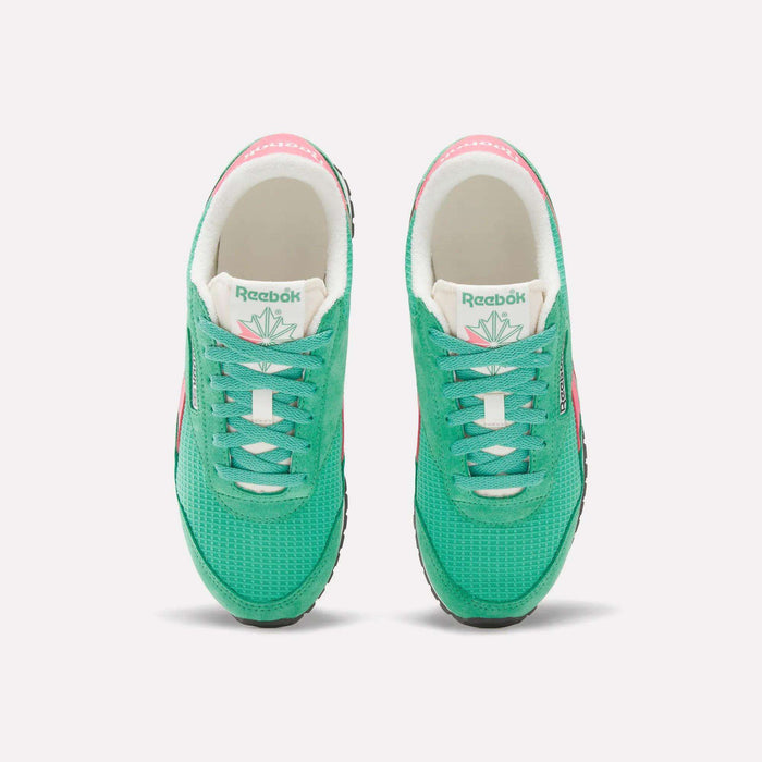 A top view of Reebok Women's Classic AZ Shoes in green, featuring white tongues, black soles, and pink accents on the sides and heels—an ideal pick for retro running shoe fans, displayed against a plain white background.