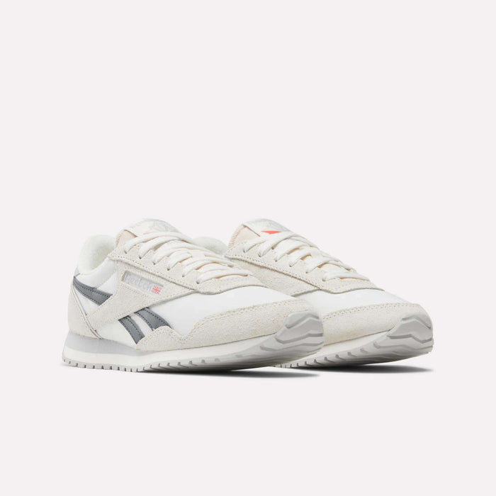 Women's Classic AZ Shoes by Reebok, in white with gray accents and the iconic side logo, are displayed on a plain white background—an ideal choice for vintage style fans.