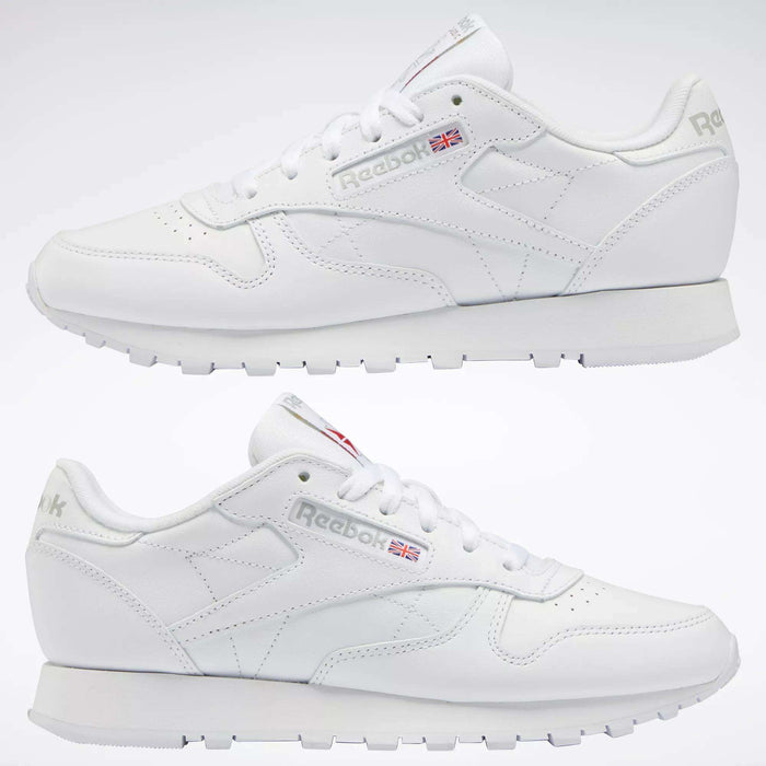 Reebok Women's Classic Leather Shoes with cushioned midsole, Reebok logo, and Union Jack flag on the side, shown in side profile against a plain light background.