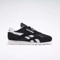 Side view of Reebok Women's Classic Nylon Shoes in black and white, featuring a white sole, black upper, and white details. These iconic sneakers are a versatile everyday choice for women, set against a simple light background.