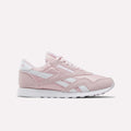 Showcased on a plain white background, the Reebok Women's Classic Nylon Shoes come in Elemental Pink with white accents and laces, featuring the iconic retro design and a white rubber sole—an ideal addition to any women's shoe collection.