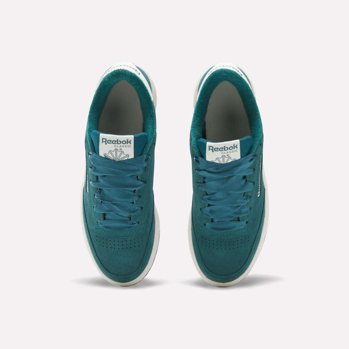 Top view of Reebok Women's Club C 85 Shoes in teal, featuring white midsoles, teal laces, and perforated toe boxes, set side by side on a plain light background.