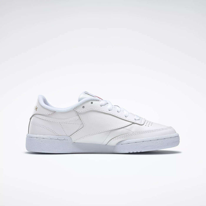 Reebok Women's Club C 85 Shoes shown in white with white laces and a minimalist design, displayed side profile on a plain light gray background.