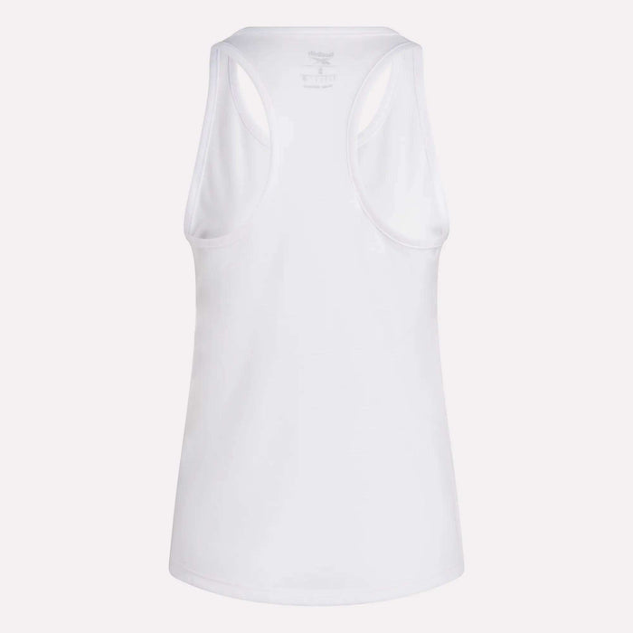 The Reebok Women's Core Tank Top, made with sweat-wicking fabric, is shown from the back against a light background. This workout top features a high neckline and wide armholes for added comfort.