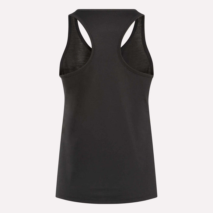 The Reebok Women's Core Tank Top is shown from the back against a plain white background. This slim, sleeveless tank features wide armholes, sweat-wicking fabric, and a relaxed fit.