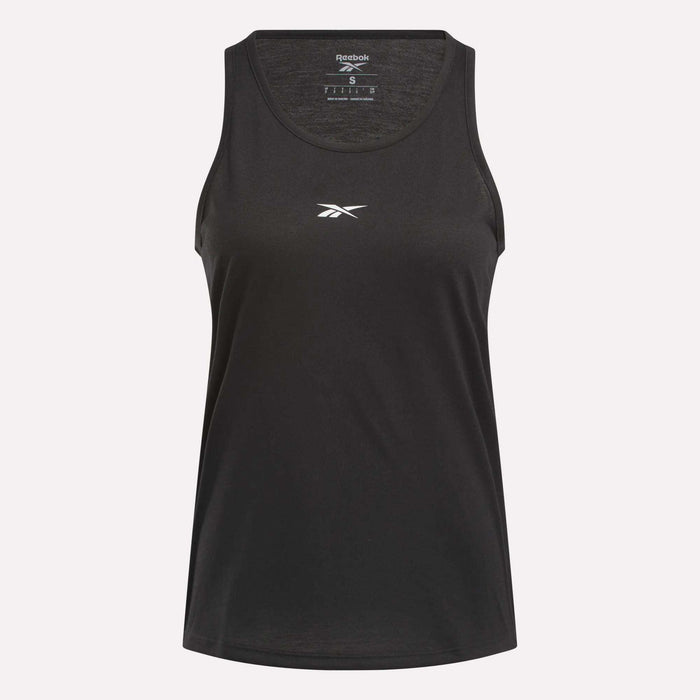 The Women's Core Tank Top by Reebok is a slim black tank with sweat-wicking fabric, a round neck, and a small white logo on the chest, shown against a plain light background.
