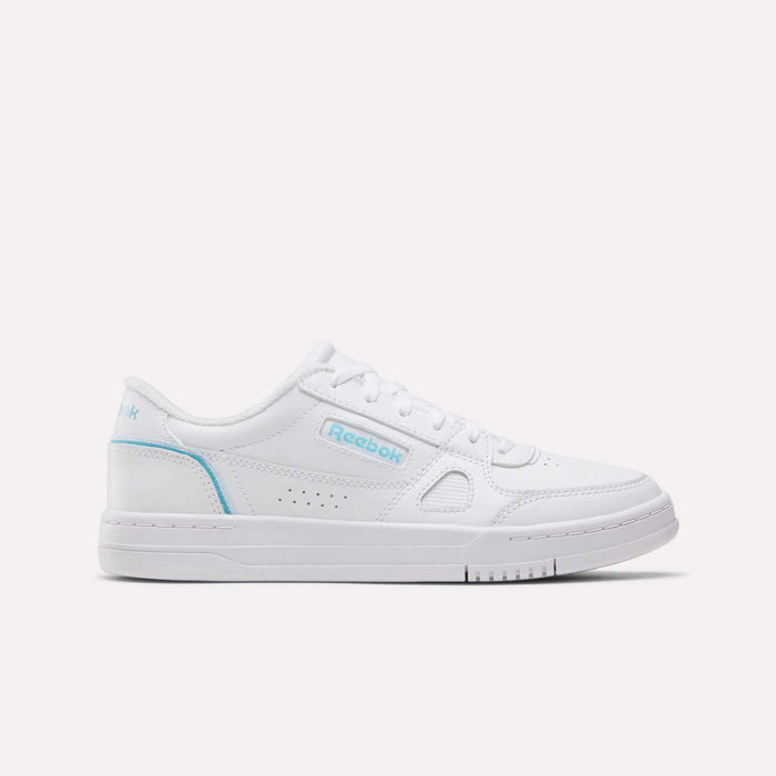 A side profile of the Reebok Women’s Court LXS Shoes in White/Digital Blue is shown against a plain white background. These low-top shoes, made from premium full grain leather, feature subtle digital blue branding and stitching details—ideal for anyone seeking stylish women’s court shoes with classic appeal and quality craftsmanship.