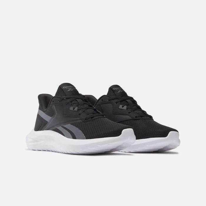 The Reebok Women's Energen Lux Running Shoes feature a black, lightweight design with gray accents and white soles, displayed against a plain light background.