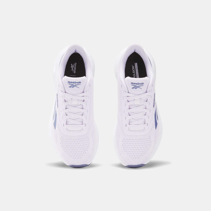 A top view of Reebok Women's Energen Run 4 Running Shoes with purple accents, shown on a light gray background. These shoes feature a lightweight, breathable mesh toe and lace-up closures.