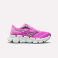 The Reebok Women's FloatZig 2 Running Shoes in bright pink feature black and white accents, energy-returning cushioning, a supportive breathable mesh upper, a white segmented sole, and visible Reebok logos on the side and heel.