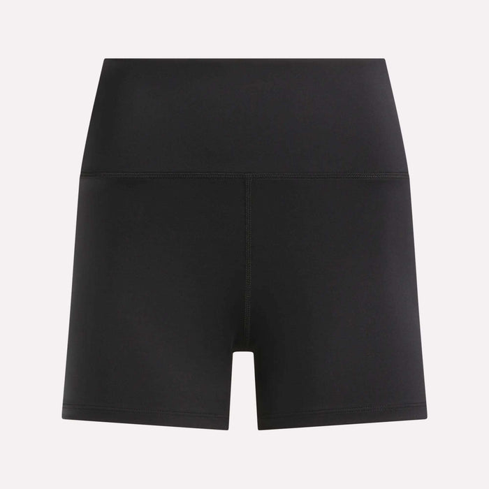 Black Women's High-Rise Mini Biker Shorts 3" by Reebok displayed on a plain white background, shown from the front with a smooth, fitted design and visible seam lines. Crafted with sweat-wicking fabric, these Reebok shorts are perfect for intense workouts and everyday comfort.