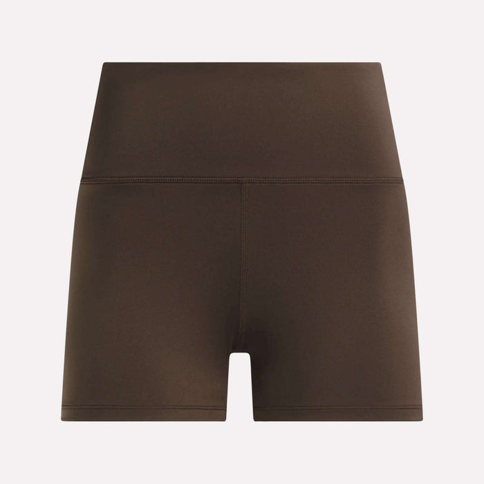 Reebok Women's High-Rise Mini Biker Shorts 3" in brown, featuring a smooth, sweat-wicking finish and shown from the front on a plain white background—ideal for your next training session.