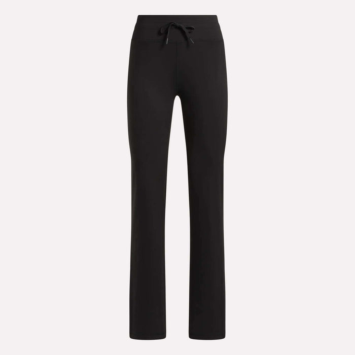 Reebok Women's Highstreet High-Rise Pants for Black women, featuring a straight-leg cut, elastic waistband, and front drawstring tie, shown against a plain light background.