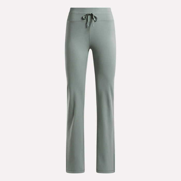 The Reebok Women's Highstreet High-Rise Pants in light sage green feature a drawstring waistband, straight legs, and stretchy fabric for comfort—ideal lounge wear, shown on a plain white background.