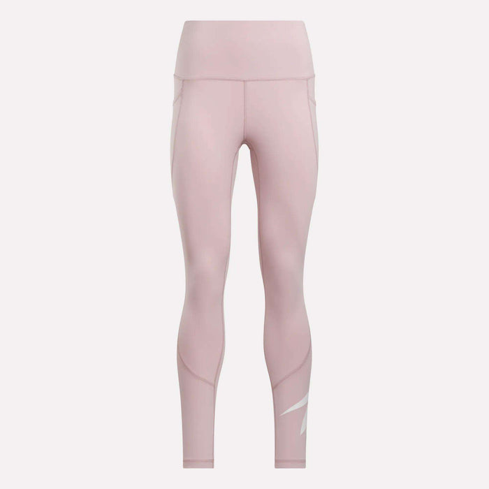 Reebok Women's High-Rise Tights 26" in light pink, featuring subtle seam details and a white logo on the lower left leg, displayed on a plain white background.