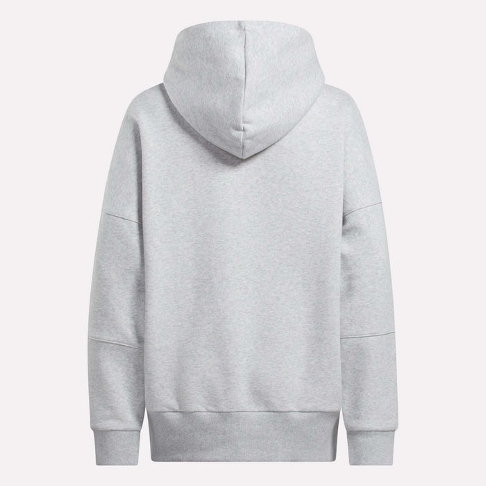 The Women's Lux Hoodie by Reebok is a cozy, plain light gray hoodie for women, shown from the back with a large hood and long sleeves against a white background.