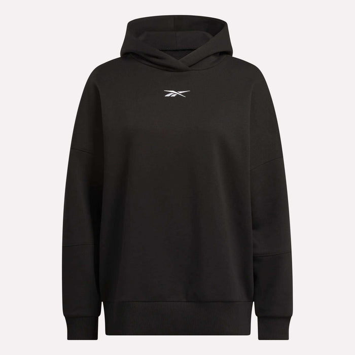 The Women's Lux Hoodie by Reebok is shown in black with a small white logo centered on the chest, displayed against a plain light background.