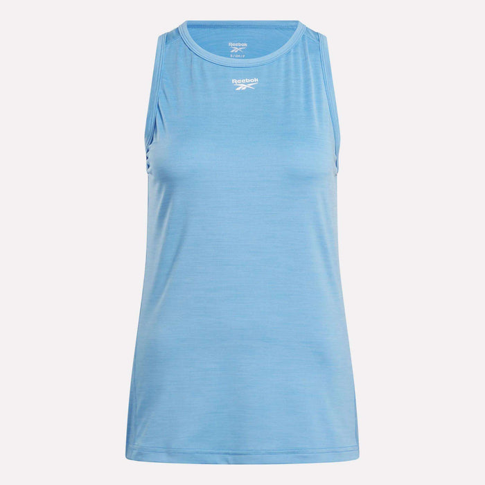 Reebok Women's Marled Performance Tank Top in light blue features a sleeveless design, round neckline, and small white chest logo—ideal for workouts. Displayed on a plain light background.