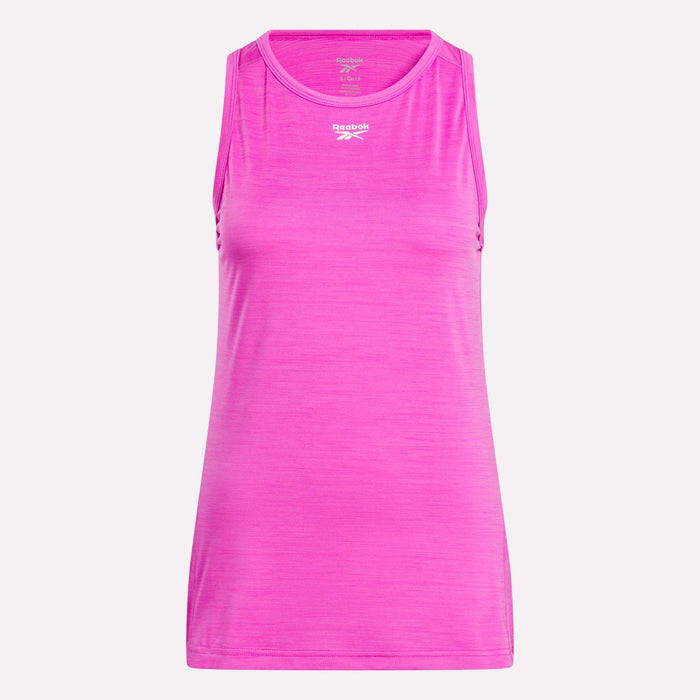 The Women’s Marled Performance Tank Top by Reebok is a sleeveless, bright pink activewear top with a crew neckline and white logo on the chest, shown against a plain white background.