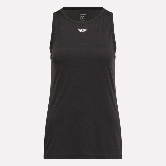 The Reebok Women's Marled Performance Tank Top is sleeveless, black, and features a crew neckline with a white Reebok logo centered on the chest. This simple, athletic workout tank top is shown against a plain light background.