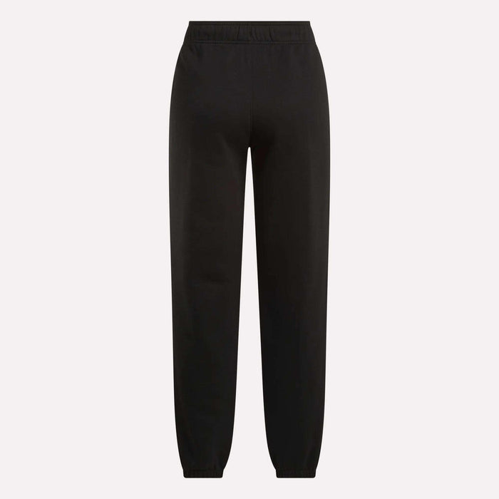The Reebok Women's Medium Vector Sweatpants, made from a comfy cotton-blend with an elastic waistband and ankle cuffs, are showcased against a plain light background.