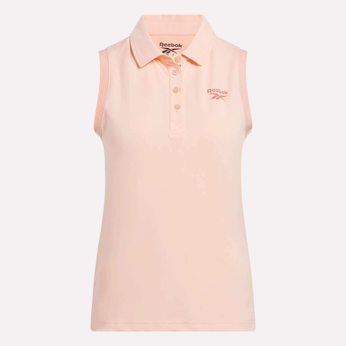 Reebok Women's Micro Pique Sleeveless Polo Shirt in light pink, with collar and button placket, UPF-rated and Reebok logo on the left chest, shown on a plain white background.