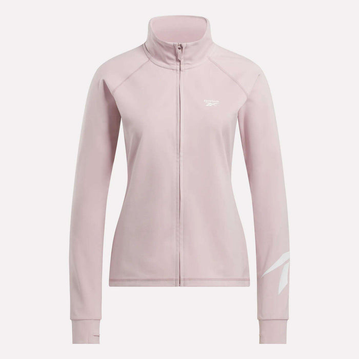 The Reebok Women's Motion Core Full-Zip Hoodie in light pink features long sleeves, a high collar, and white Reebok logos on the chest and lower sleeve—perfect for workouts, shown on a plain white background.