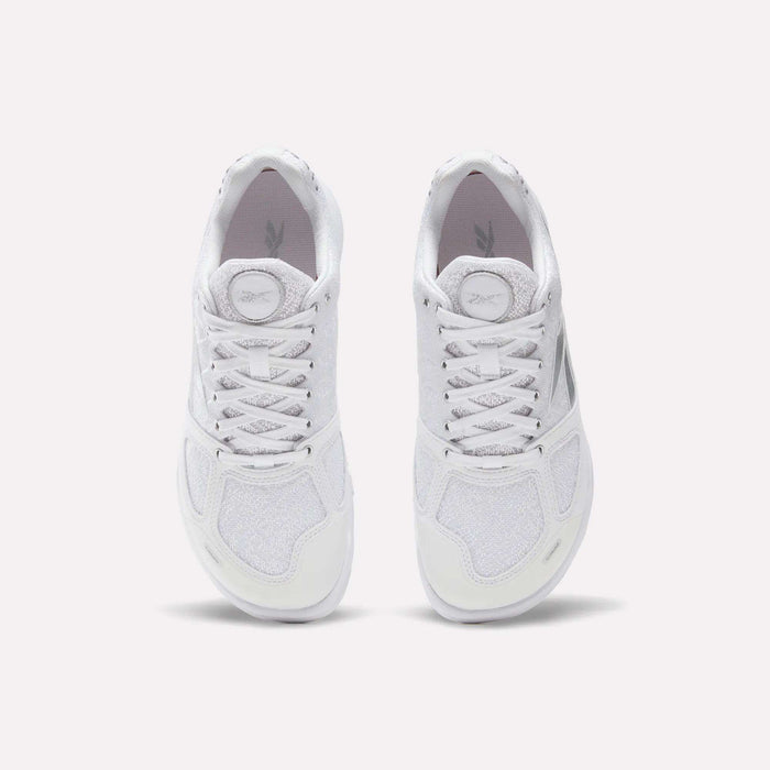 A pair of white Reebok Women's Nano 2.0 Training Shoes viewed from above on a light background, laces tied and soles down—ideal for women's functional fitness routines.