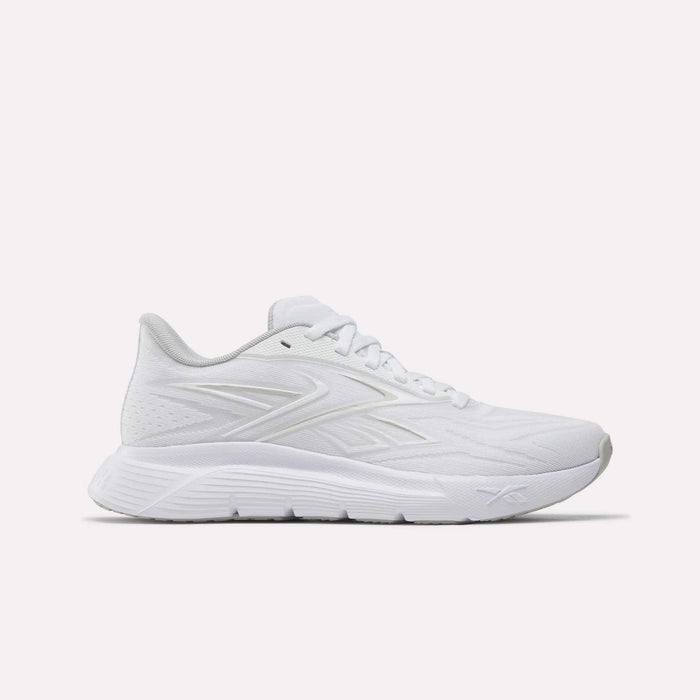 The Reebok Women's Nano Gym 2.0 Training Shoes in White/New Grey 1/White feature a textured sole, lace-up design, and subtle side logo, shown against a plain white background.