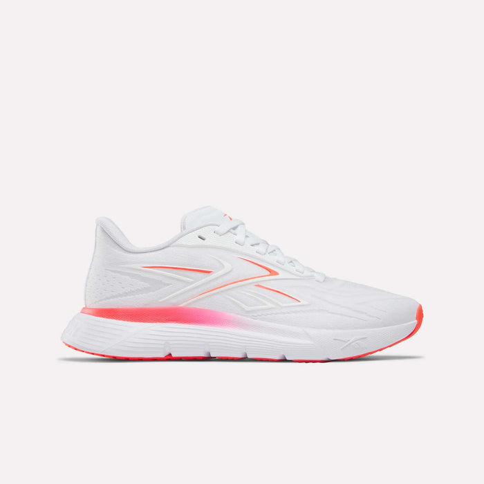 Reebok Women's Nano Gym 2.0 Training Shoes in Ftwr White/Neon Cherry—a stylish white trainer with pink gradient midsoles and orange accents, perfect for workouts, shown on a plain light background.
