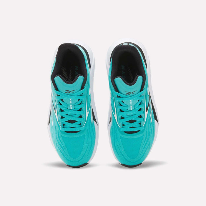 A pair of Reebok Women's Nano Gym 2.0 Training Shoes in teal with white midsoles, black accents, and black interiors is displayed from a top-down perspective on a plain white background.